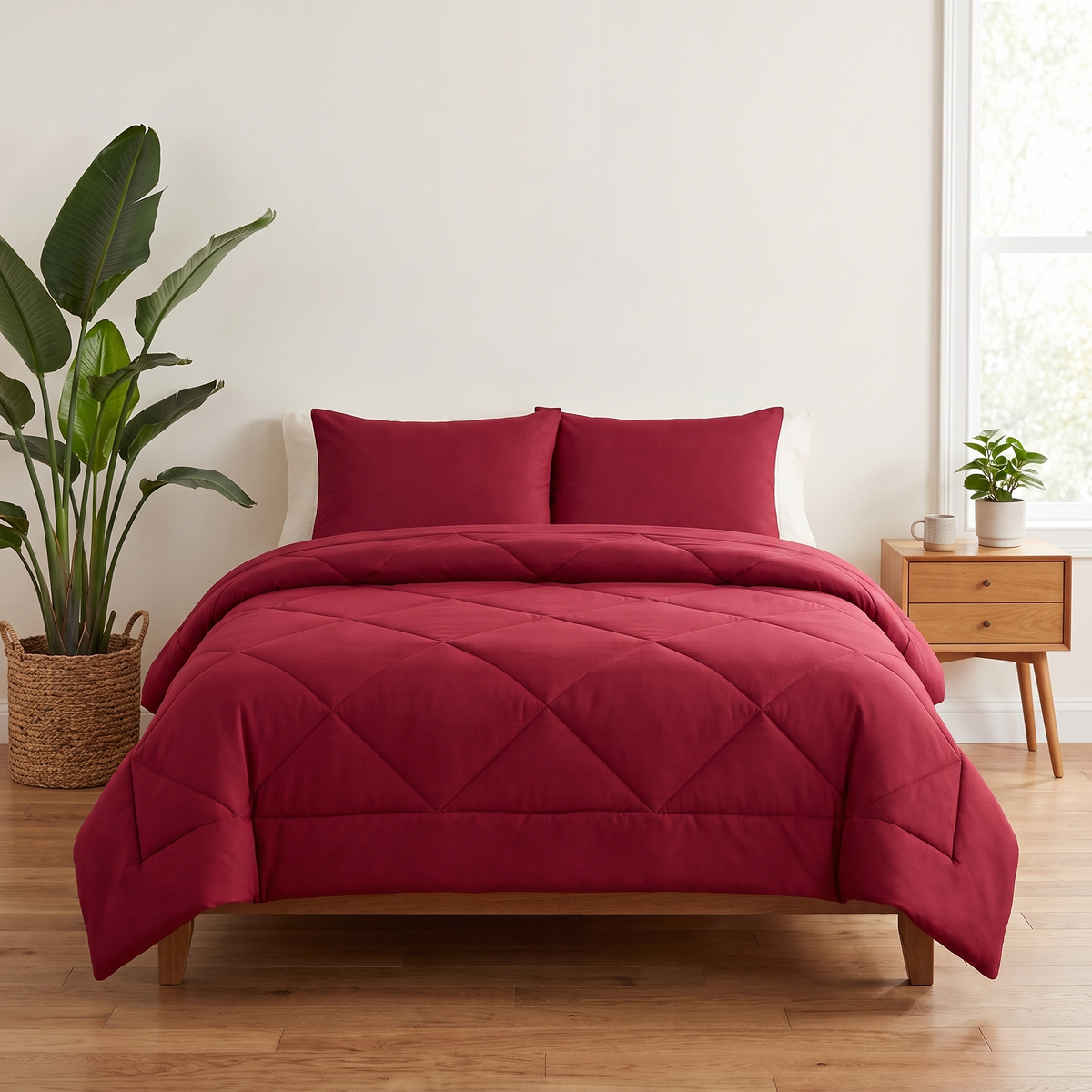 Couette 2-en-1 Kavenlia rouge cheminée sur un lit double, housse cousue, sans draps